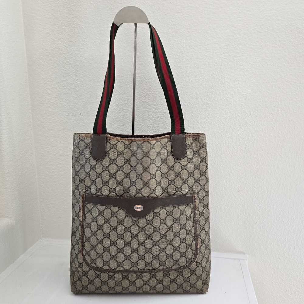 GUCCI Web Sherry Line Shoulder Tote Bag GG PVC Leather Brown